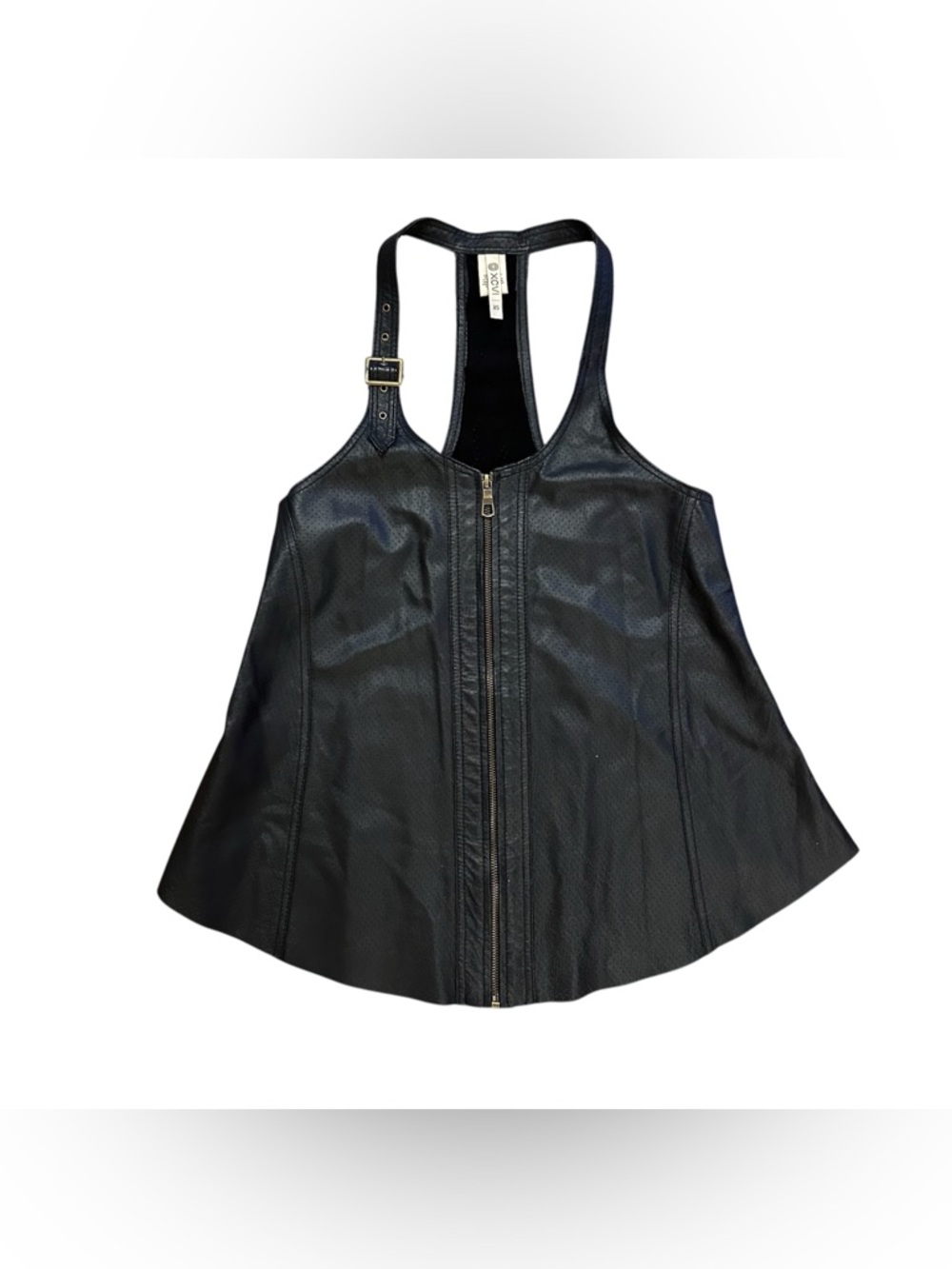 MXM Black 100% Leather Racerback Zip Top with Brass Buckle